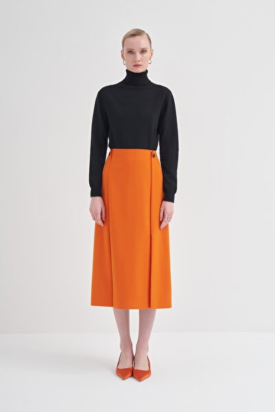 BİRELİN Kontrast Düğmeli Poliviskon Etek Turuncu