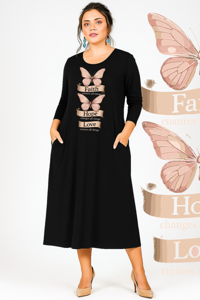 Curvy Trend Faith Printed Wide Cut Long Sleeve Viscose Dress