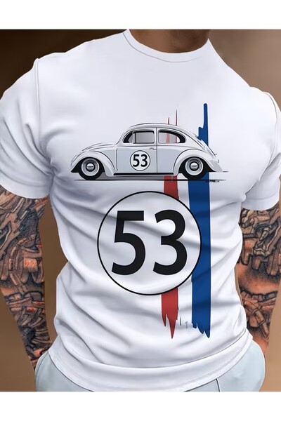 LELVANİ Nostaljik Yarış Arabası 53 Desenli Baskı T-Shirt