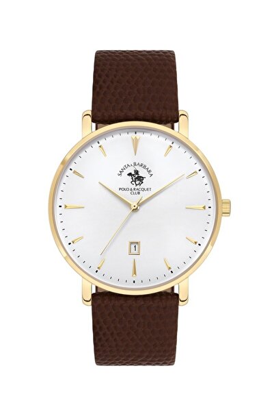 Santa Barbara Polo & Racquet Club ساعة يد رجالية من سانتا باربرا بولو كلوب SB.8.10006-5، هيكل رفيع ونحيف، حزام جلدي بني اللون