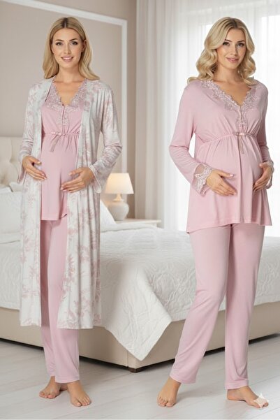 LOHOUSE طقم بيجامة نسائية طويلة الأكمام منقوشة للحوامل مكونة من 3 قطع