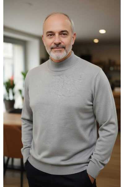 güncüoğlu Half Fisherman Thin Wool Bottom Part and Sleeves with Ribbed (Elastic) Thin Wool Men's Sweater