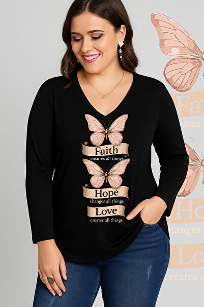 Curvy Trend Μπλούζα με μακρύ μανίκι Faith με τύπωμα με φαρδιά φούστα