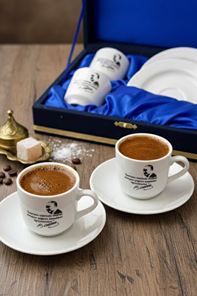 EVCİME Atatürk Portreli ve İmzalı Kadife Kutulu 2 Kişilik Türk Kahvesi Fincan...