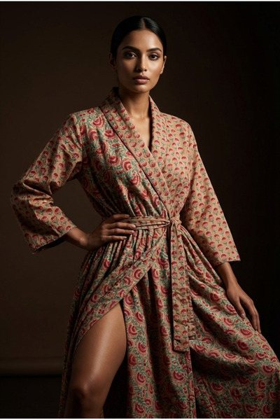 OEM Hand-printed cotton wrap dress