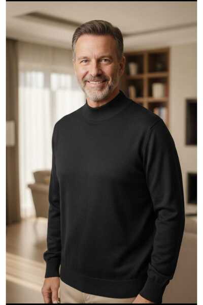 güncüoğlu Half Fisherman Thin Wool Bottom Part and Sleeves with Ribbed (Elastic) Thin Wool Men's Sweater