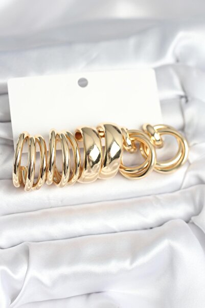 STİLLOVE Brass Gold Color 3 Pairs Vintage Women Earrings Set