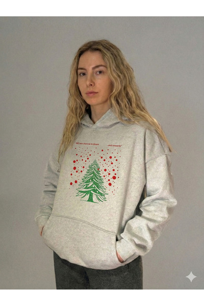 Kadın Kapüşonlu Oversize Yılbaşı Ağaç Kırmızı Yeşil Baskılı Pamuklu Sweatshirt