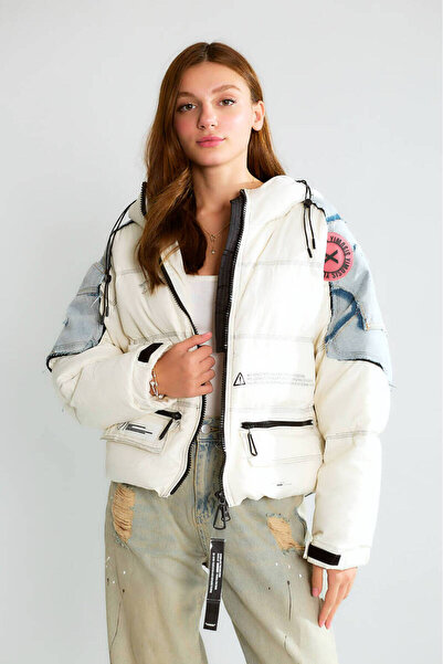 Robin D99608 Kot Detaylı Kapşonlu Yazılı Oversize Kadın Puf Mont Taş