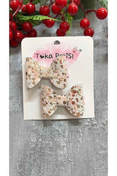 Toka Perisi Krem Desenli Deri Luna Fiyonk 2’li Metal Klipsli Toka