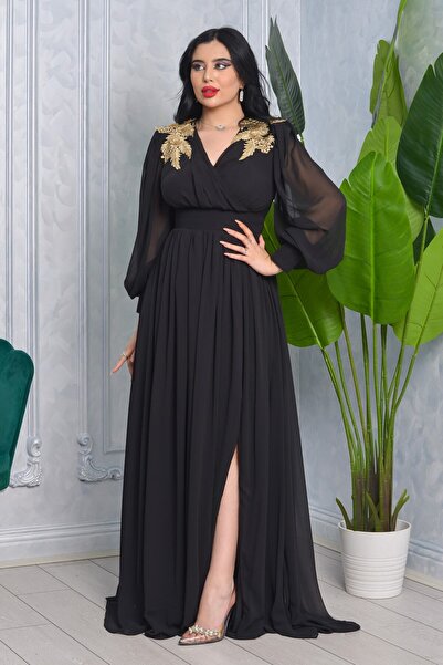 Helen Fashion Şifon Tasarım V Dekolteli Omuzları Çiçek Aksesuarlı Kolları Uzu...