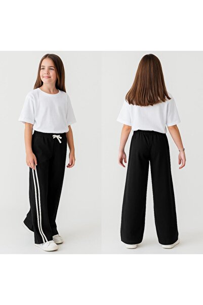 RAPAPA Κοριτσίστικο μαύρο παντελόνι με φαρδύ πόδι με ρίγες στο πλάι – Άνετο και άνετο-7760