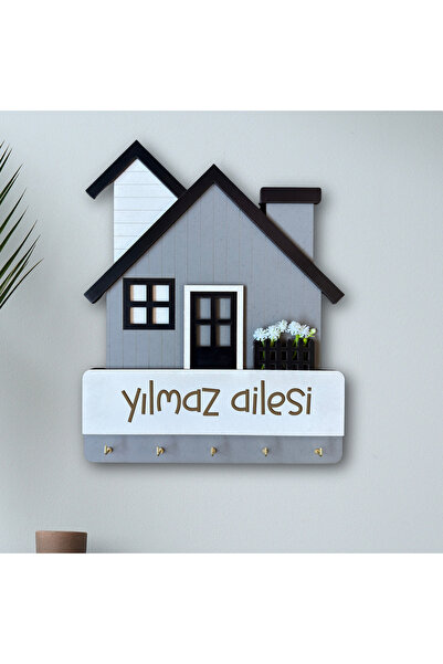 HippoDeco Kişiye Özel MDF Anahtarlık | Ev Figürlü Dekoratif Duvar Anahtarlık | Aile İsimlik
