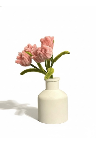 Store El Yapımı Şönil Pembe Çiçek | Taş Tozu Dekoratif Vazo | Minimal Masa Üs...