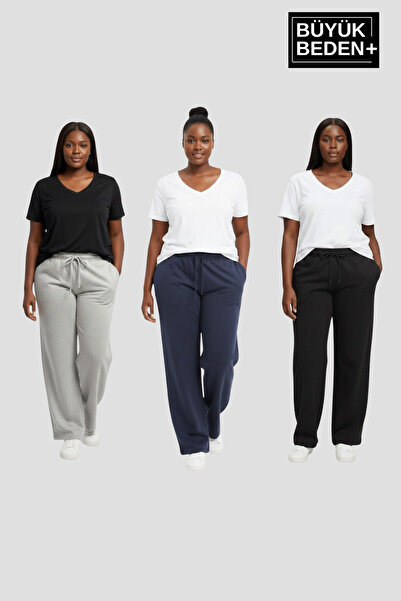 Superlife Women's Plus Size Wide Leg Slim Fit Sweatpants 3-Piece Set – Comfortable Fit Spr26Bea952+3