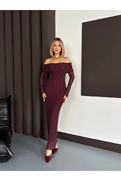 cemo Omuz Açık Uzun Kollu Dantel Doku MidiMaxi Elbise