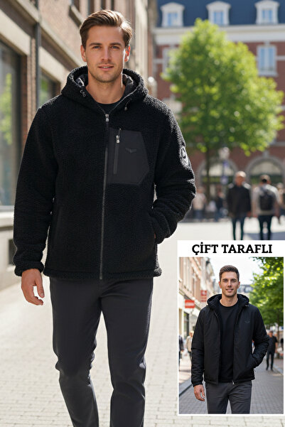 REMSA معطف رجالي مزدوج الجوانب بغطاء رأس من القطيفة 25725 أسود