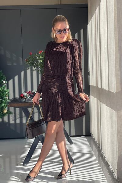 MİSLİNA BUTİK Dantel Detay Mini Boy Kahve Elbise