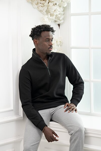 San&Fa Regular Fit cu vipușcă cu fermoar guler ridicat Dobby Cotton Swea tricou