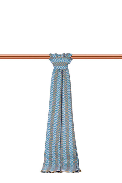 Bursa İpek Kaşkol îngust din lână cu model turcoaz bej