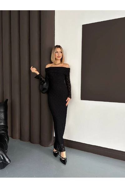 cemo Omuz Açık Uzun Kollu Dantel Doku MidiMaxi Elbise