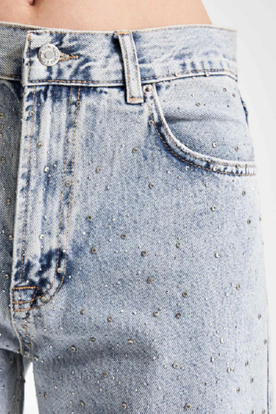 it's basic its basic Kadın Kot Rengi 3S5-3 Straight Fit Yüksek Bel Parlak Taşlı Denim Jean