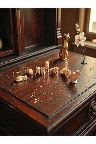 ADA 3D 8 Adet Minyatür Altın Kedi Biblo Seti - Şans Getiren Zarif Koleksiyonl...