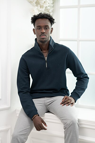 San&Fa Regular Fit cu vipușcă cu fermoar guler ridicat Dobby Cotton Swea tricou