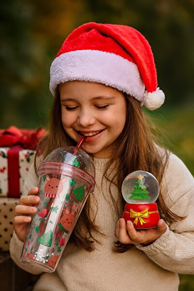 Kesene Trend YeniYıl Yılbaşı 2'li Hediye Seti Noel Geyikli Pipetli Suluk Çam ...