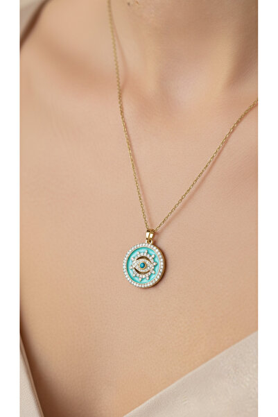 Lune Design Nazar Boncuğu Motifli Mineli Altın Kaplama Pirinç Uçlu Çelik Şans...