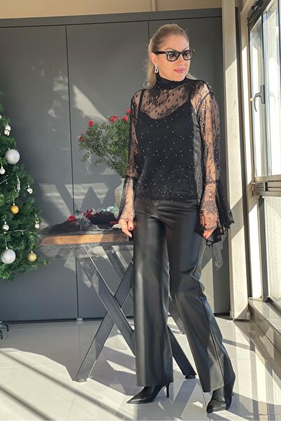 MİSLİNA BUTİK Palazzo Siyah Deri Pantolon