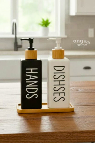 ongu home 2'li Sıvı Sabunluk ve Bulaşık Deterjanı Dikdörtgen Bambu Standlı Sı...