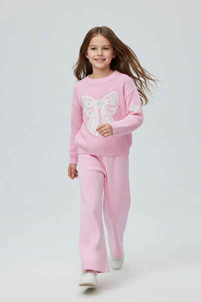 Neva Baby Boutique سترة تريكو بفيونكة للفتيات باللون الوردي وبنطلون واسع السا...