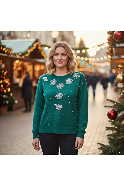 Volupta Green Christmas Sweater with Snowflake & Pearl Appliques