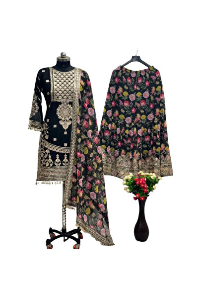 MYSMAR طقم بلوزة وتنورة وشال من قماش جورجيت صناعي أسود - HRT5725 | أسود