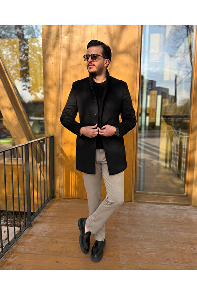 Avni Ceylan Men's Slim Fit Button Mock Neck Cashmere Coat