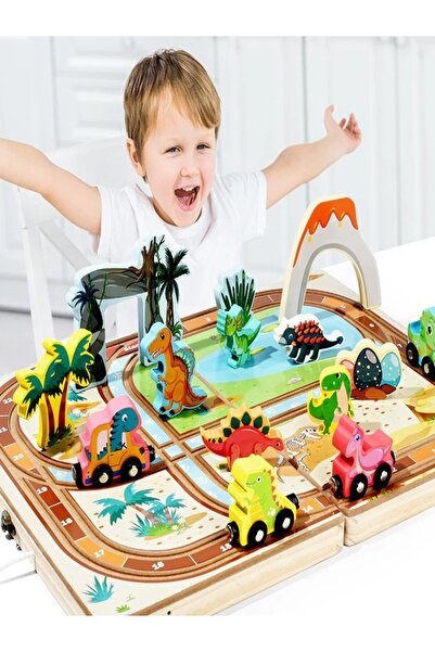 Teknova Masă de Joacă 2-în-1 din Lemn – Traseu Dinozauri & Joc de Fotbal, Set...