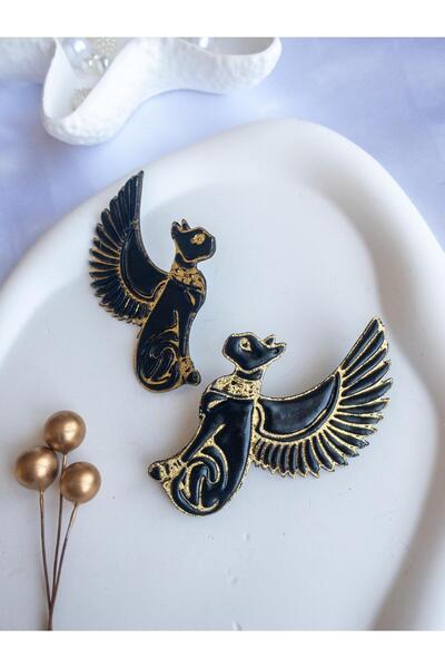 BeuBella Aksesuar Siyah Gold Bastet Kanatlı Kedi Küpe | Antik Mısır Figürlü E...