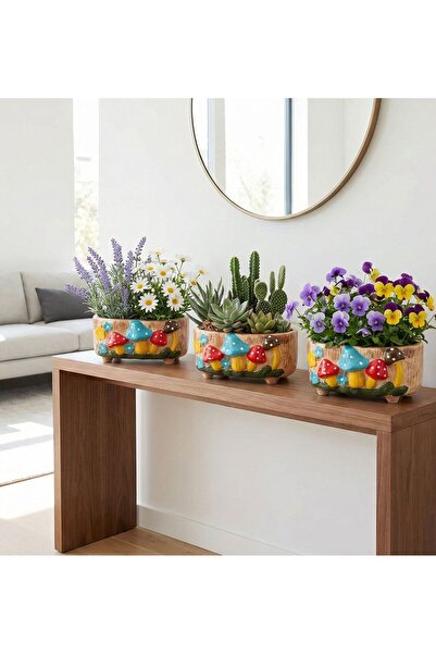 EPSWorld EnTarzHome 3'lü "Saf Beyaz" Mantar Serisi: Taş Tozu Sukulent Saksı Seti