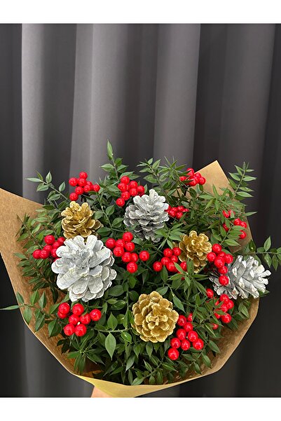 Kuru Çiçek Deposu Lüx Kokina Yılbaşı Çiçeği 50 cm – 12 Gerçek Dallı Yapay Boncuklu 6 Kozalaklı Aranjman