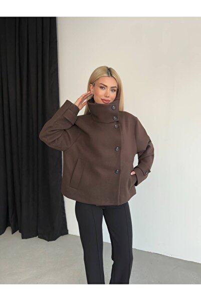 TRENDLİA Dik Yaka Viral Düğmeli Kaşe Kaban