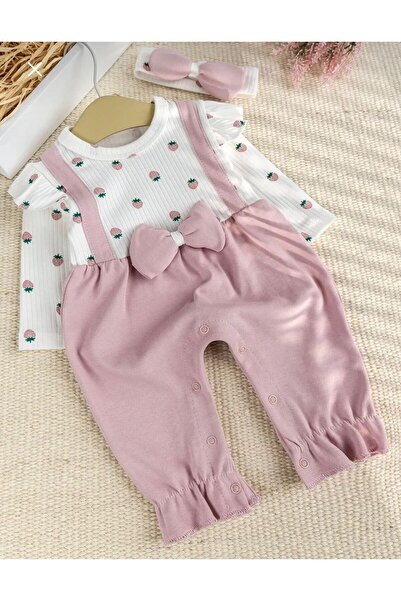 cacobutik Baby Girl Long Sleeve Strawberry Printed Bandana Romper