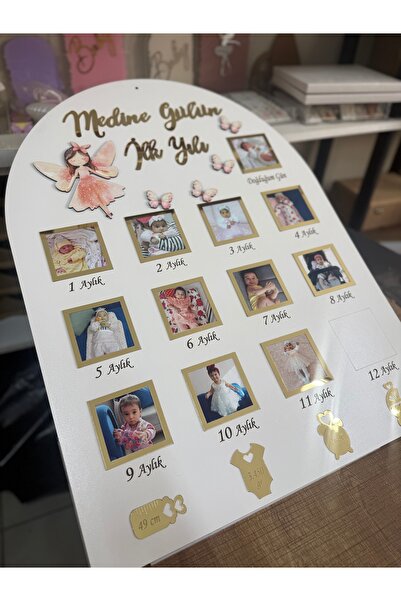 SHOOP İlk yılım panosu 50*70 resimleri ile birlikte kalın ahşap üzeri gold pleksi detaylı