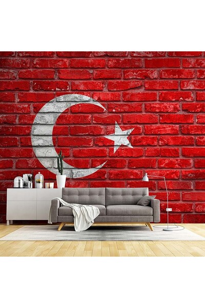 DECOMALL H-8 Türk Bayrağı Temalı Tuğla Duvar Kağıdı – Kırmızı Ay Yıldız Kendinden Yapışkanlı Duvar Kaplama