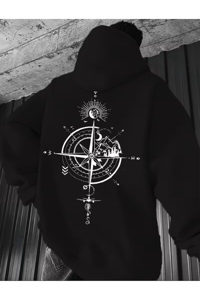 LELVANİ سويت شيرت بغطاء رأس بتصميم البوصلة البحرية وتصميم السفينة