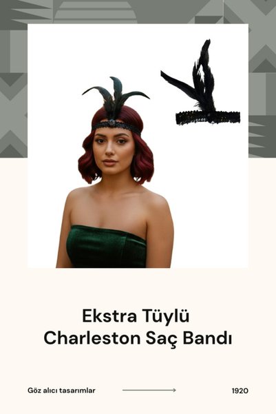 shop Siyah Tüy Figürlü Charleston (Gatsby) Saç Bandı - Pul ve Taş Detaylı Vin...
