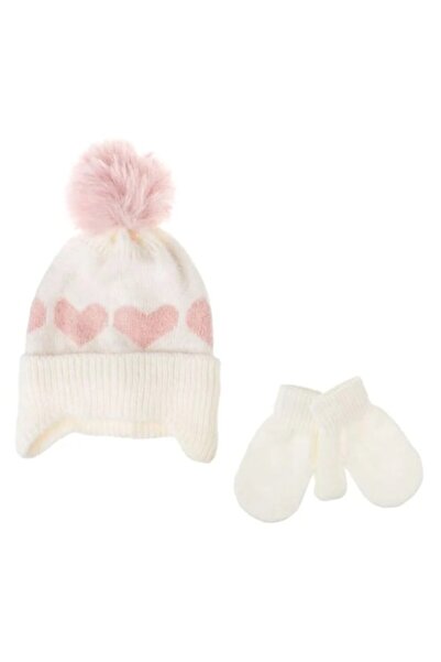OEM Set căciulă ecru cu inimioare roz, pompon și mănuși pentru copii 9 luni -...