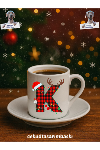 cekud tasarım baskı Yılbaşı Temalı Harfli Türk Kahvesi Fincanı Seramik Hediye...
