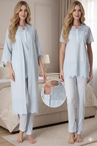 LOHOUSE Kadın Keten Fisto Dantelli 3'Lü Lohusa Hamile Sabahlıklı Pijama Takım...