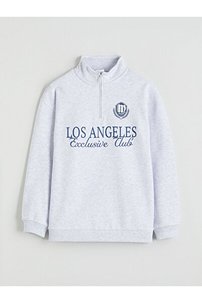 LC Waikiki Lcw Kids Gray Stand Collar Los Angeles Printed Boys' Thick Sweatshirt